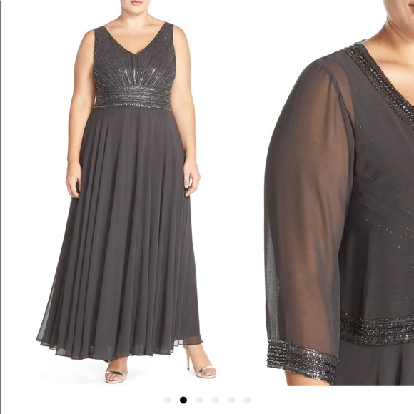 jkara beaded bodice chiffon gown